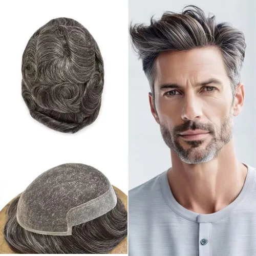 Miniatura 18 de FACE MIRACLE - Tupé frontal de encaje francés para hombres, sistema de reemplazo de cabello humano de encaje con pieza de pelo de poliuretano