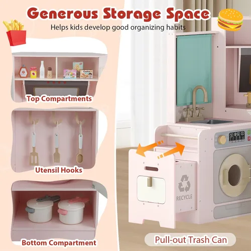 Miniatura 6 de Costzon Cocina de Juego de Esquina, Cocina Grande de Juego de Simulación con Luz y Sonido Reales, Bote de Basura Extraíble, Estufas, Microondas