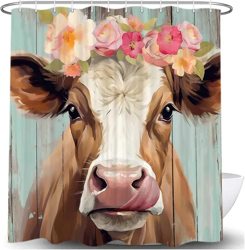 Miniatura 3 de JAWO Cortina de ducha de vaca de granja para baño, bonito juego de cortinas de ducha de tela de granja rústica sobre madera, divertidos accesorios