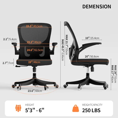Miniatura 2 de Monhey Silla de oficina ergonómica con soporte lumbar, altura ajustable, brazos abatibles 2D, malla negra transpirable, cómoda silla de escritorio