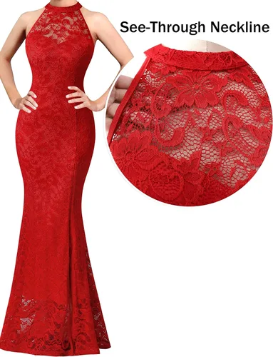 Miniatura 5 de VFSHOW Vestido largo de encaje con cuello halter y cremallera para mujer