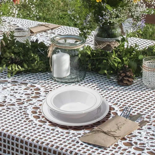 Miniatura 2 de Cuencos blancos con borde plateado, 12 onzas, 50 unidades, plástico duro, desechables o reutilizables, cuencos de postre, ensalada, cereales, pasta