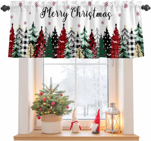 Miniatura 8 de Cenefa de Navidad para Ventanas Cortinas de Árbol de Navidad Alegre Cenefas con Bolsillo para Barra Cenefa Tratamientos para Ventanas Cuadros Árbol