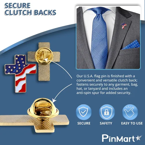 Miniatura 7 de PinMart Cruz patriótica con bandera estadounidense ondeando la bandera de Estados Unidos – Pin de solapa esmaltado – SecureClutch Back