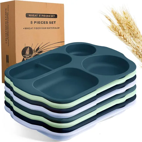 Miniatura 7 de Tanlade - 8 platos divididos irrompibles grandes de 12 pulgadas para adultos, bandeja de comida de paja de trigo de 5 compartimentos, bandeja