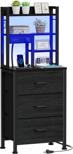 Miniatura 11 de Furnulem - Mesita alta con 3 cajones de tela y luces LED, mesita de noche con estantería, mesas de noche de 45.3 pulgadas de altura con puertos USB