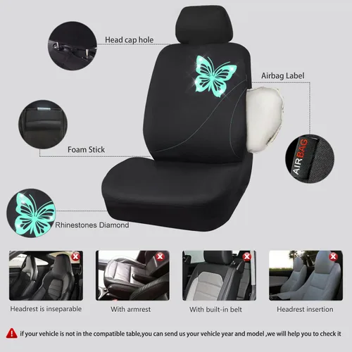 Miniatura 3 de CAR-GRAND Fundas para asientos de coche con mariposas brillantes, juego completo de fundas para asientos de mariposa bonita en menta