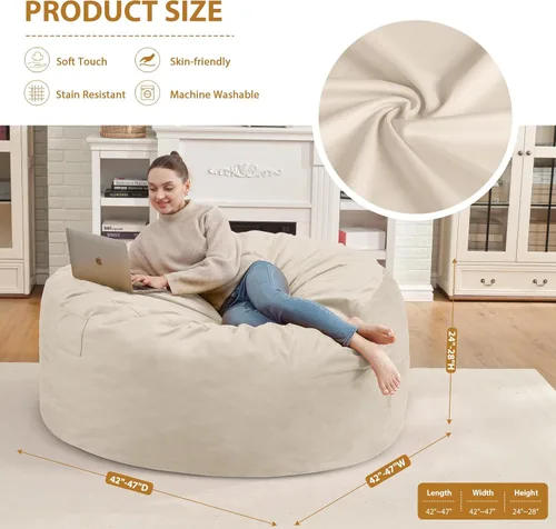 Miniatura 338 de Puf de 5 pies, puf grande con relleno de espuma viscoelástica, sofá puff esponjoso con funda de terciopelo holandés, puf redondo para sala de estar