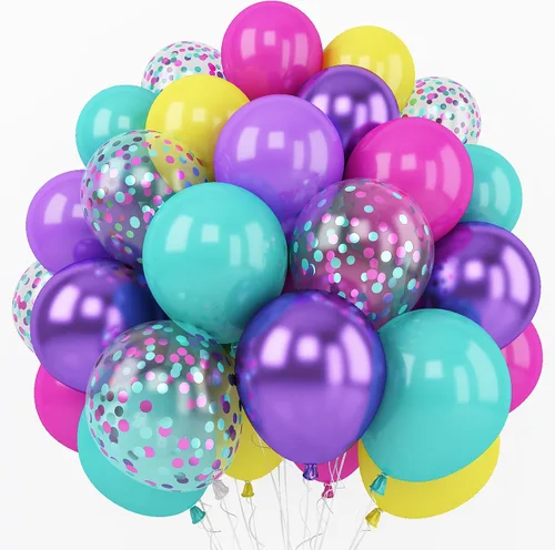 Miniatura 19 de Set de globos azul polvo, 60 paquetes de 12 pulgadas de globos metálicos dorados cromados, azul macarrón, azul océano, blanco arena, confeti