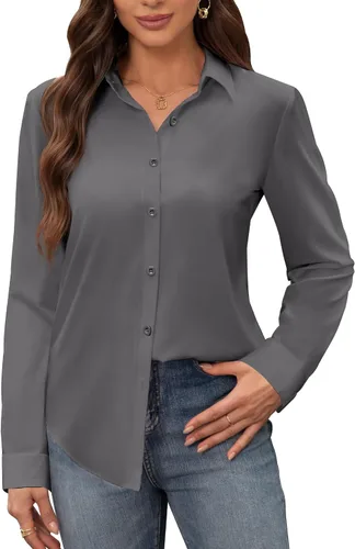 Miniatura 20 de Siliteelon - Camisas de vestir para mujer, a prueba de manchas, sin arrugas, de manga larga, sólidas, para trabajo y negocios, con botones