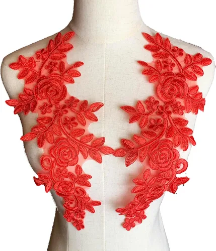 Miniatura 6 de Worlds 1 par de parches de tela de encaje burdeos bordado apliques de encaje motivo floral vestido de novia costura adornos decoración 13.8 x 5.7 in