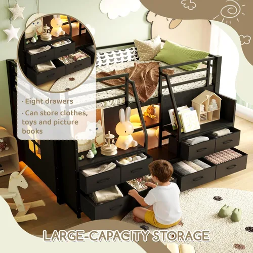 Miniatura 4 de Bellemave Twin Size Low Loft Bed with 8 Fabric Storage Drawers,Metal Loft Bed Frame with Shelves and LED Lights for Boys Girls,Kids Loft Bed Twin