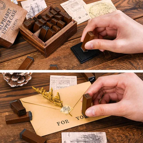 Miniatura 6 de Sellos de letras, 56 sellos del alfabeto con semanas y clima, sellos de números con estuche de madera, sellos de madera con símbolos vintage