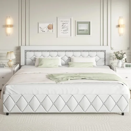 Miniatura 22 de BarnFurin Base de cama y cabecero tamaño King, cama tapizada de piel sintética con diseño capitoné de diamante, base de cama de plataforma moderna