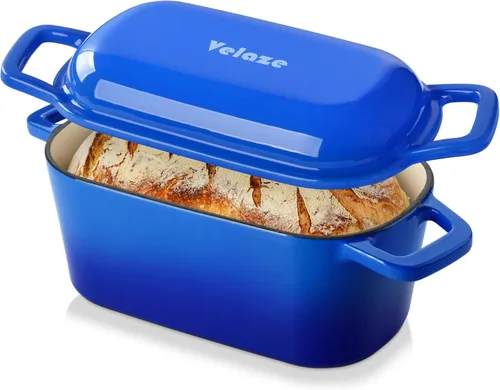 Miniatura 10 de Velaze 3.6QT Horno holandés para hornear pan, olla ovalada de hierro fundido esmaltada con tapa y asas desplazadas, apta para horno hasta 500°F
