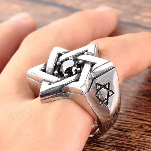 Miniatura 4 de Mens Cubic Zirconia Stainless Steel Ring, Vintage Star of David, Black Silver