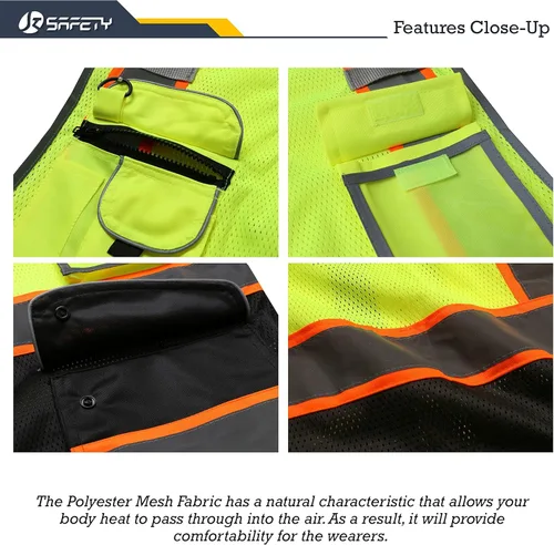 Miniatura 2 de JKSafety Chaleco de seguridad frontal con cremallera de doble color de alta visibilidad MESH Lite de 9 bolsillos Tira reflectante con ribete