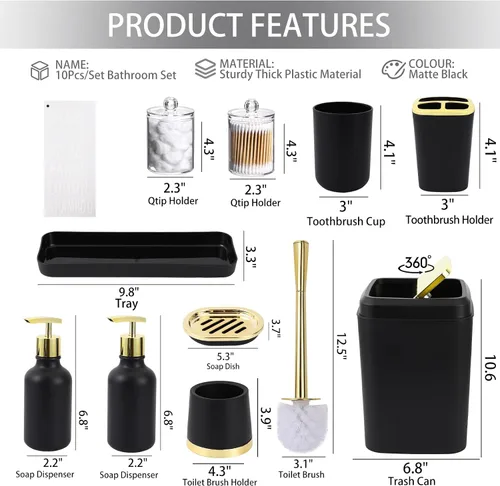 Miniatura 2 de XLHOMO Juego de accesorios de baño negro y dorado - 10 piezas de baño con papelera, dispensador de jabón, jabonera, soporte para cepillo de dientes