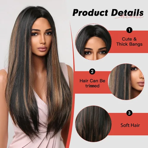 Miniatura 2 de Allbell Pelucas marrones largas negras para mujeres negras, pelucas de cabello lacio castaño oscuro con reflejos rubios, peluca larga de parte