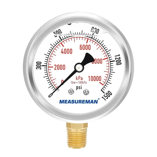 Miniatura 40 de MEASUREMAN - Manómetro de presión 1/4 NPT, manómetro de presión lleno de glicerina 0-100psi/kPa con esfera de 2.5 pulgadas y caja de acero