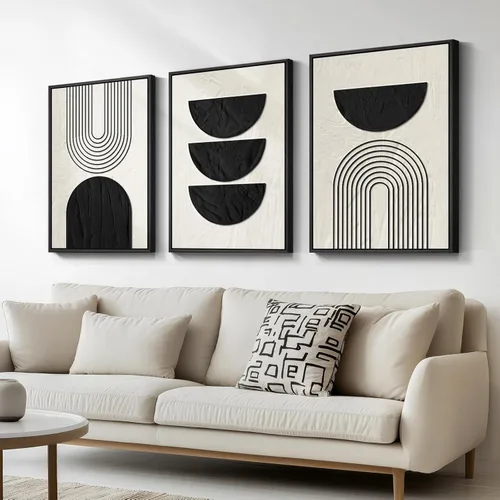 Miniatura 32 de Arte abstracto neutro en blanco y negro para sala de estar, 3 cuadros de impresiones en lienzo, para paredes, imágenes geométricas minimalistas