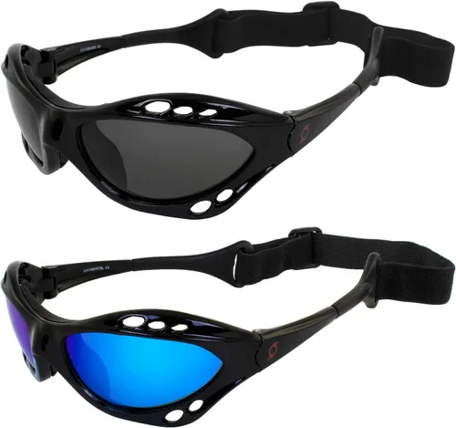 Hurricane Eyewear Gafas flotantes polarizadas para motos acuáticas de categoría 4, 2 pares de marcos acolchados negros, lentes de espejo azul y humo