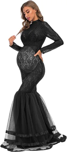 Miniatura 5 de ZIUMUDY Elegante vestido de maternidad transparente de encaje para sesión de fotos manga larga tul tutus vestido maxi de accesorios para fotos