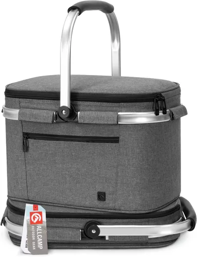 Miniatura 10 de ALLCAMP Cesta de pícnic, 2 cajas de hielo incluidas con enfriador aislado de 32 litros, cesta de picnic plegable gruesa con cestas extraíbles