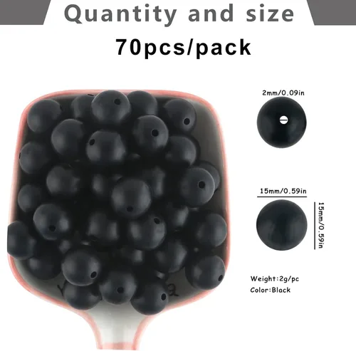 Miniatura 2 de Sunrony 70 cuentas de silicona para hacer collares, cuentas redondas de silicona a granel de 0.591 in para bolígrafos (negro)