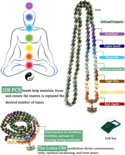 Miniatura 5 de Bivei 7 Chakra 108 Mala Beads Bracelet Real Gemstone Yoga Meditation Hand Knotted Mala Prayer Bead Necklace
