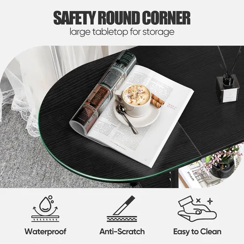 Miniatura 3 de Mesas de café negras para sala de estar, mesa de centro oval pequeña de mediados de siglo con estante de almacenamiento y tablero de madera, mesa