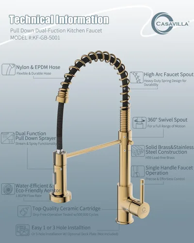 Miniatura 7 de Grifo de cocina, grifo de oro cepillado para fregadero de cocina, grifo de fregadero de cocina con pulverizador desplegable, grifos de cocina de C