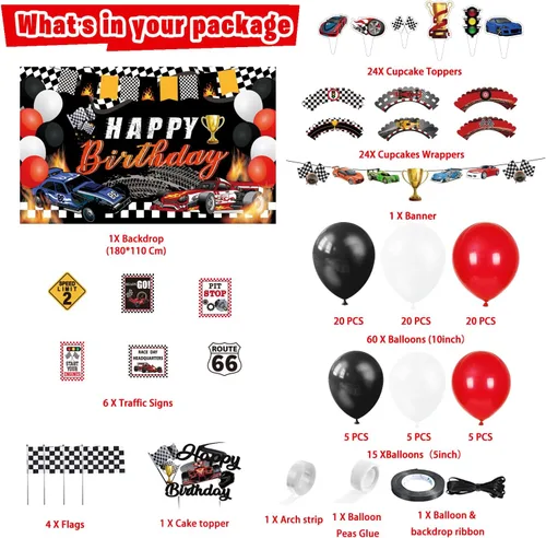Miniatura 2 de Suministros para fiesta de cumpleaños de autos de carreras, 142 piezas de decoraciones de fiesta de carreras de autos de carreras para niños