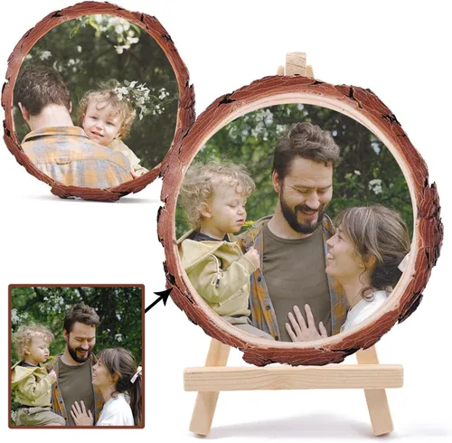 Marco de fotos personalizado, impresión de fotos personalizada en rodajas de madera, artesanía de madera con soporte, regalos de fotos
