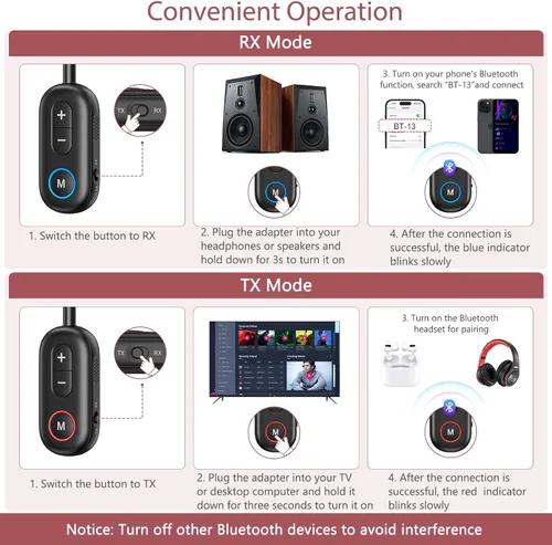 Miniatura 8 de LOFICOPER Adaptador Bluetooth 5.3, transmisor Bluetooth inalámbrico 2 en 1 y receptor para vuelo, automóvil, auriculares, estéreo doméstico, TV Negro