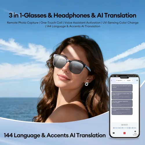 Miniatura 2 de PAXA S7Ultra - Lentes inteligentes AI con lentes fotocromáticos y traducción de 144 idiomas, lentes de sol polarizados Bluetooth 6.0 con altavoz