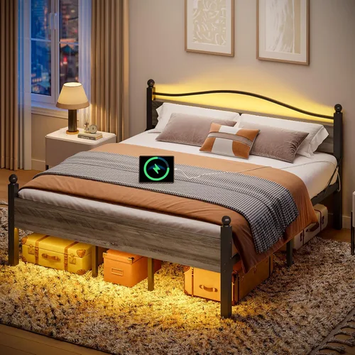 Pinmoco Base de cama tamaño King con cabecero y estribo, cama de plataforma de metal resistente con espacio de almacenamiento debajo de la cama de