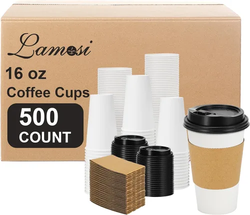 Miniatura 15 de Lamosi Paquete de 100 tazas de café desechables de 16 onzas con tapas y mangas, a prueba de fugas, tazas de café de papel con tapas, bebidas