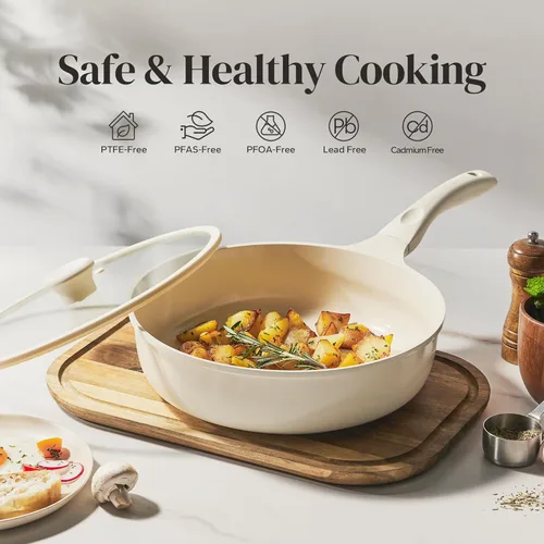 Miniatura 2 de Redchef Sartén antiadherente para freír con tapa, sartén para saltear de cerámica, libre de PFOA y PFOS, compatible con inducción, mango con ayuda