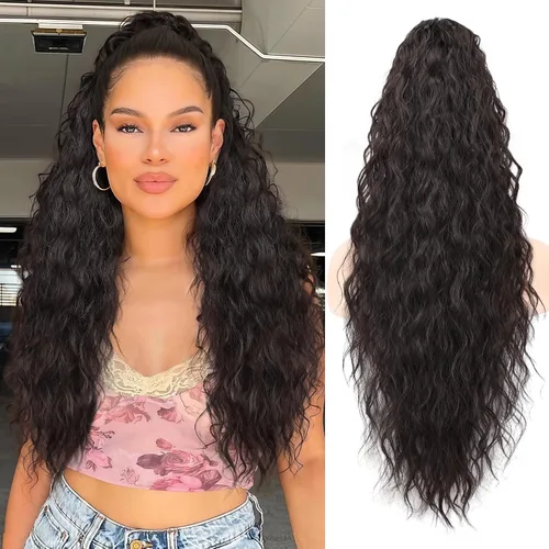 Miniatura 30 de ORSUNCER Extensión de cola de caballo de 18" con pinza rizada, cola de caballo esponjosa, extensiones de pelo sintético de aspecto natural para mujer