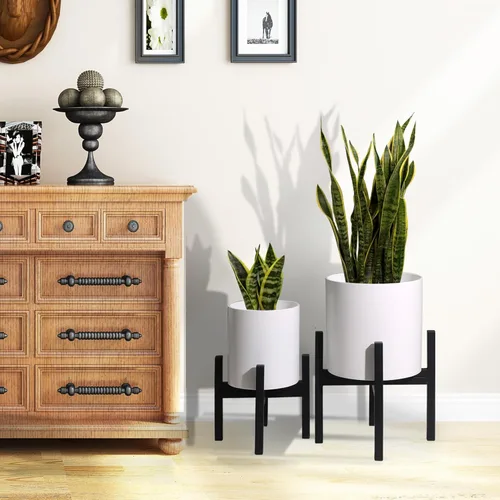 Miniatura 3 de Juego de 2 macetas con soportes, macetas de mediados de siglo para plantas de interior, macetas decorativas modernas para flores para balcón, Blanco