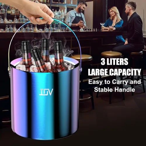 Miniatura 5 de IOV Cubo de hielo con tapa, cuchara, pinzas y colador, cubo de hielo aislado de doble pared de acero inoxidable de 3 L para fiestas, mantiene