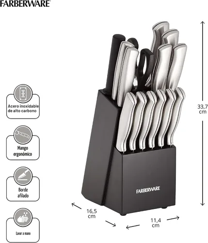 Miniatura 2 de Farberware - Juego de 15 cuchillos de cocina con cuchillas de acero inoxidable de alto carbono, mangos negros, cuchillos para bistec, bloque