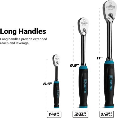 Miniatura 2 de Capri Tools - Juego de trinquetes con 90 dientes finos, agarre ergonómico suave, cuadrante de 1/4, 3/8, 1/2 pulgadas, 3 piezas