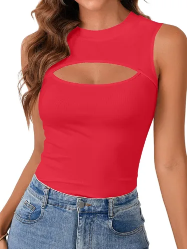 Miniatura 19 de Vrtige Camiseta sin mangas sexy con cuello redondo para mujer, de punto acanalado, sin mangas, ajustada