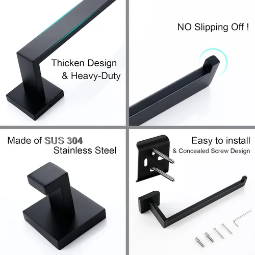 Miniatura 6 de BAGNOLUX Juego de 4 accesorios de baño negro mate, juego de 4 piezas, toallero de baño de acero inoxidable, toalleros negros para baño montado