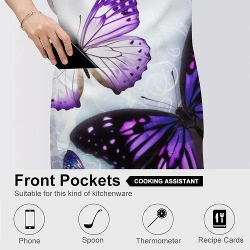 Miniatura 5 de Personalized White Purple Butterflies Adult Apron, Kitchen Cooking Aprons for Woman Man, Adjustable Bib Apron with Pocket for Baking, BBQ Crafting