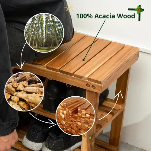 Miniatura 4 de Zapatero de bambú de 35.4 pulgadas de largo para entrada, organizador de zapatos de madera de 3 niveles o banco de baño, soporta hasta 300 libras