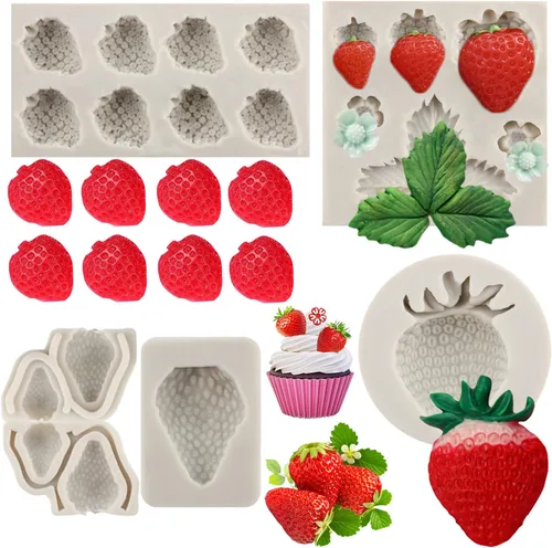 Sijiangmold Moldes de silicona de fresa 3D - Moldes para fondant de flores de fresa - Juego de 4