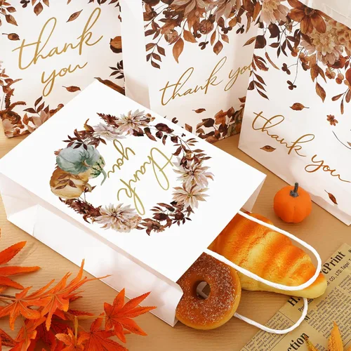 Miniatura 3 de AnyDesign 12 bolsas de regalo de agradecimiento de hojas de otoño con asa, bolsa de papel de otoño de lámina dorada para Acción de Gracias, boda